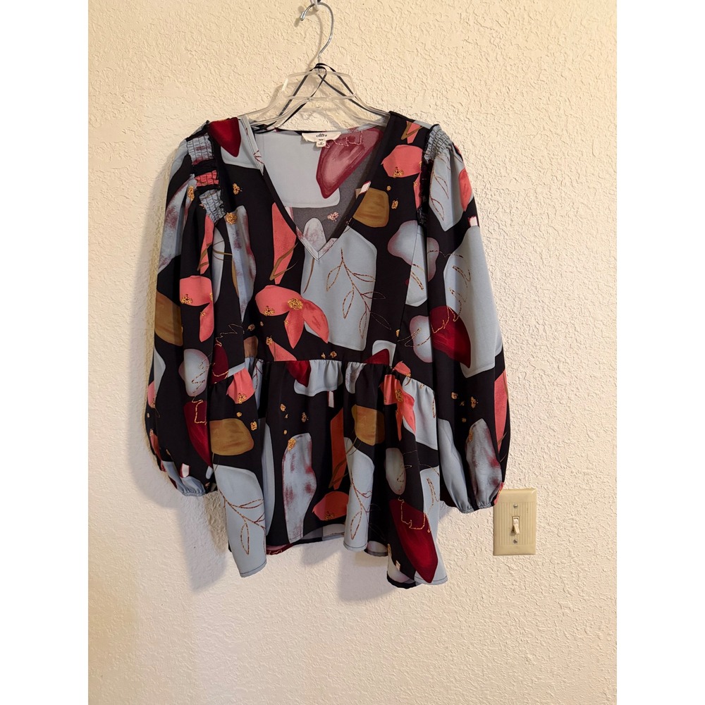 Entro Womens Abstract Floral Smocked Balloon Sleeve Peplum Blouse Top Black M